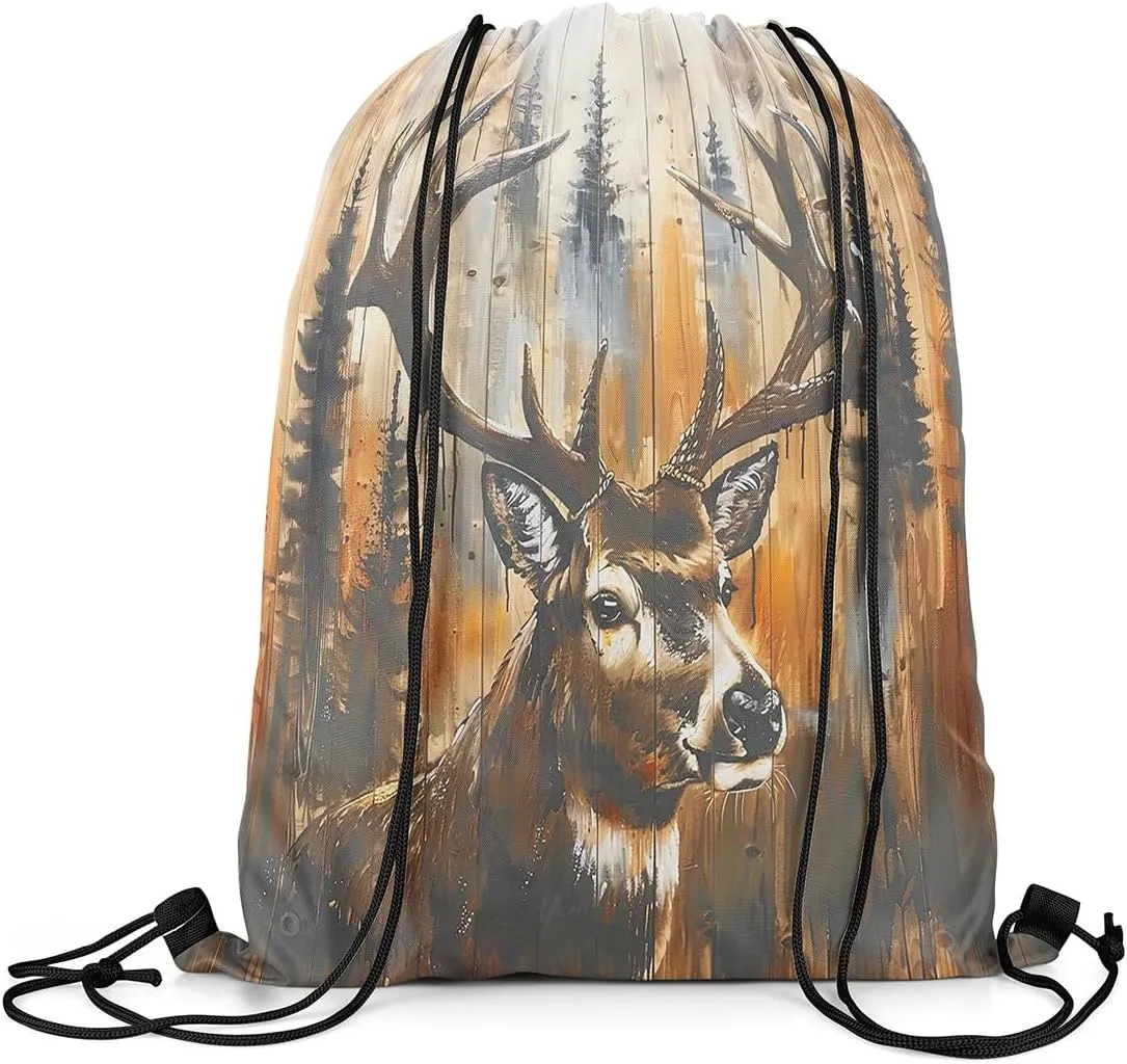 Erosebridal 3D Tribal Deer Hunting Drawstring Backpack,Vintage Batik Wildlife String Backpack for Cabin Lodge,Moose Reindeer Jungle Drawstring Bags,Rustic Farmhouse Woodland Animal Cinch bag,13x15.7
