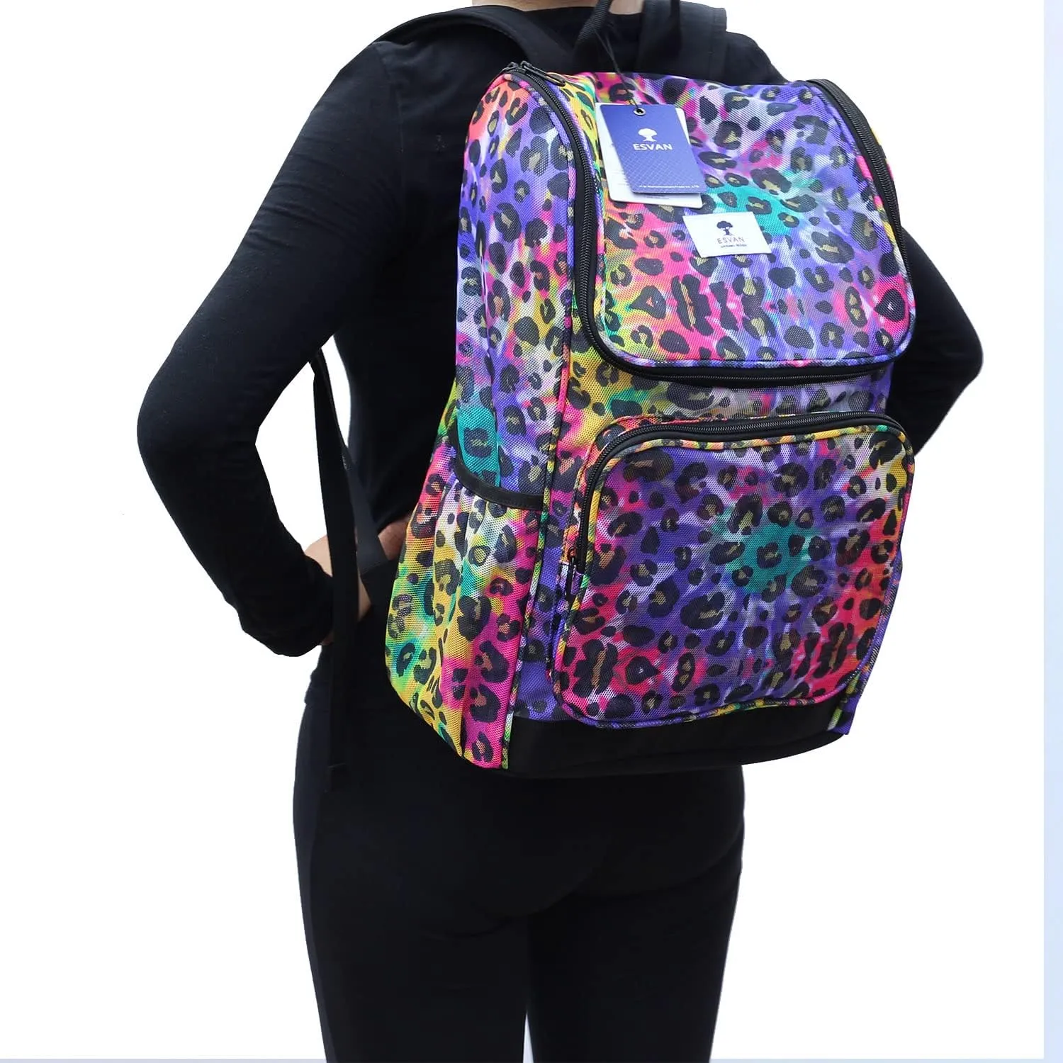 ESVAN Original Print Mesh Backpack Clear Bag See through Pack for Travel Beach Gym Multi-Purpose Women Men (D)