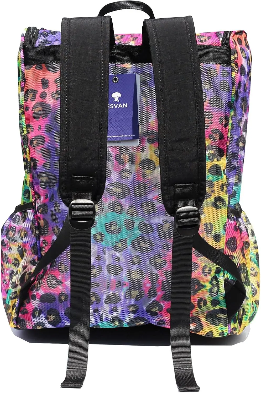 ESVAN Original Print Mesh Backpack Clear Bag See through Pack for Travel Beach Gym Multi-Purpose Women Men (D)