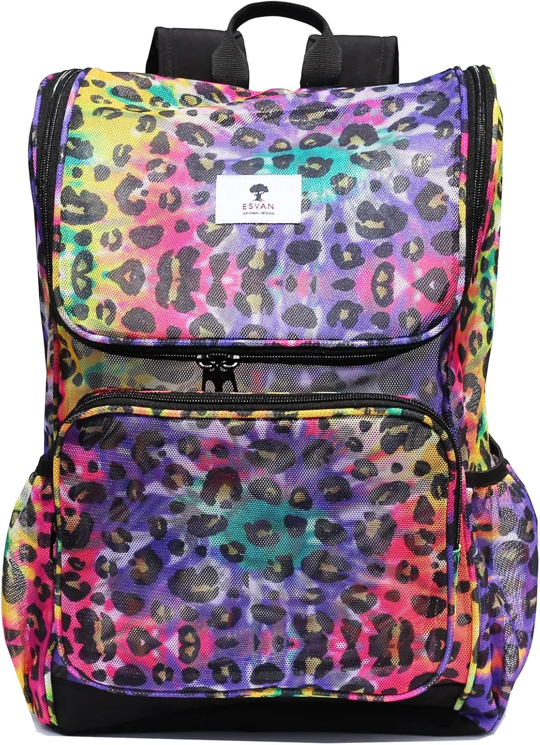 ESVAN Original Print Mesh Backpack Clear Bag See through Pack for Travel Beach Gym Multi-Purpose Women Men (D)