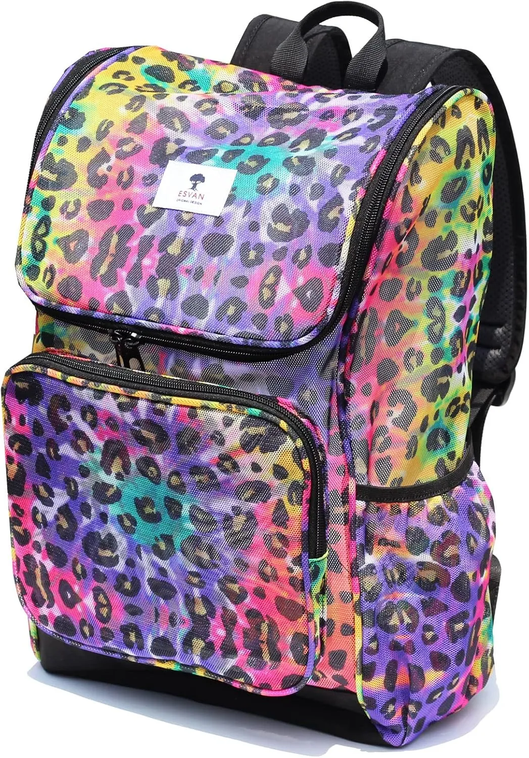ESVAN Original Print Mesh Backpack Clear Bag See through Pack for Travel Beach Gym Multi-Purpose Women Men (D)