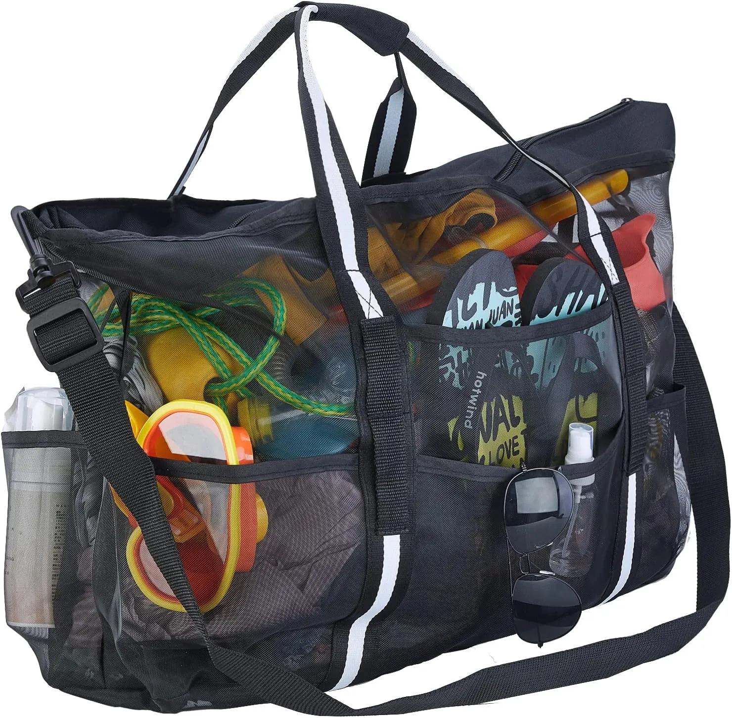 Extra Large Mesh Beach Bags Pool Bags，Vacation Beach Toy Bag Swimming Bag Packable Beach Bag Mesh Tote Bag for Women and Men, Black