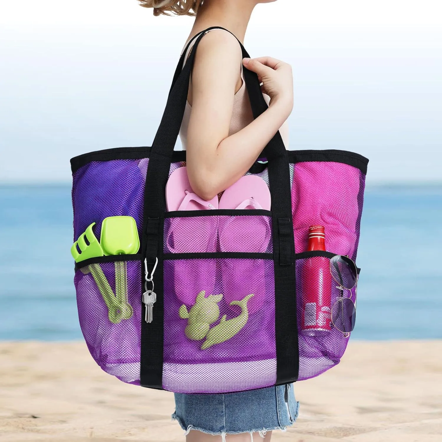 F-color Mesh Beach Bag Family - Beach Tote 9 Pockets Cruise Vacation Essentials