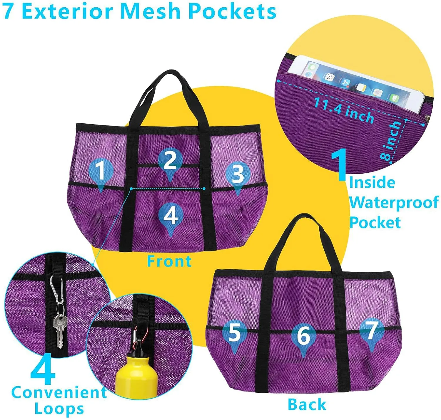 F-color Mesh Beach Bag Family - Beach Tote 9 Pockets Cruise Vacation Essentials