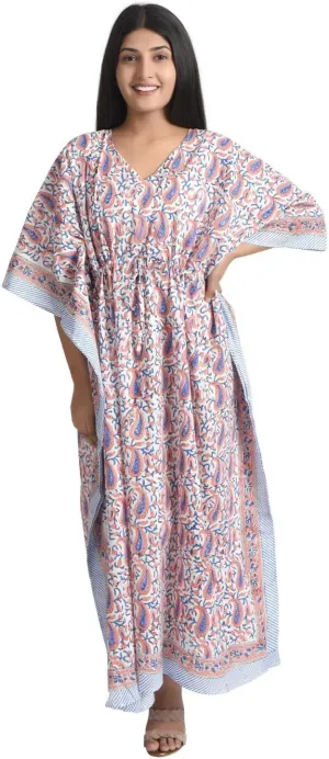 Fabric Venue Hand Block Print Cotton Wear Maxi Dress Caftan Dress Beach Wear Paisley Print Kaftan Multicolor