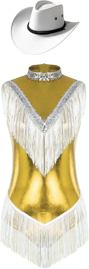 FEESHOW Women's Metallic Sleeveless Fringe Latin Dance Leotard with Hat Set Samba Rumba Salsa Dance Outfit