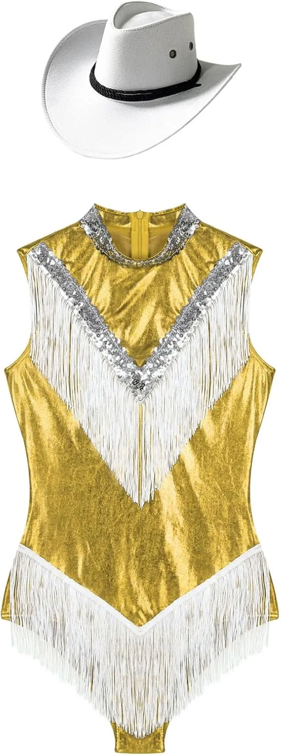 FEESHOW Women's Metallic Sleeveless Fringe Latin Dance Leotard with Hat Set Samba Rumba Salsa Dance Outfit