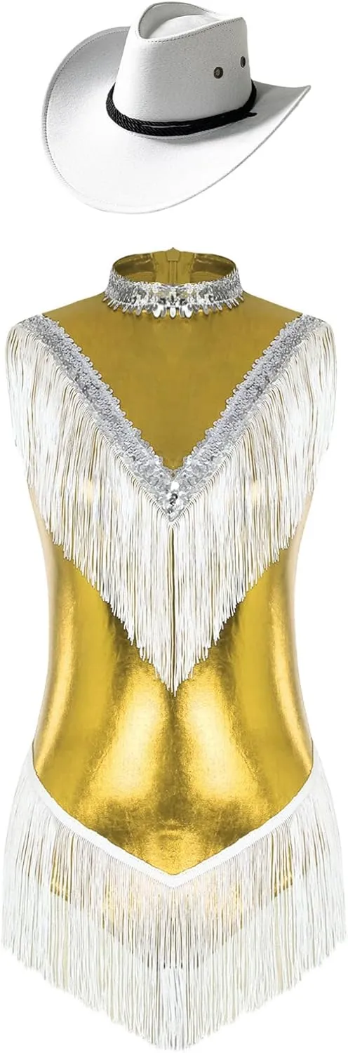 FEESHOW Women's Metallic Sleeveless Fringe Latin Dance Leotard with Hat Set Samba Rumba Salsa Dance Outfit