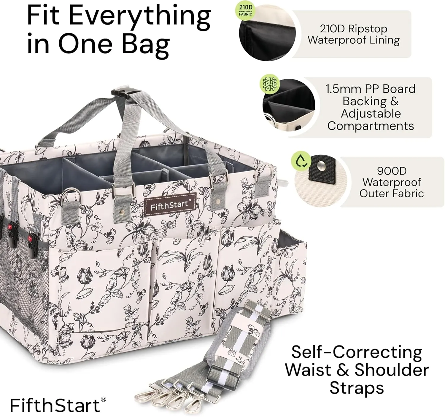 FifthStart Multiuse Caddy with Waist, Shoulder Strap, 9 Pockets, Mesh Base & Adjustable Compartments (Beige Floral, X-Large)