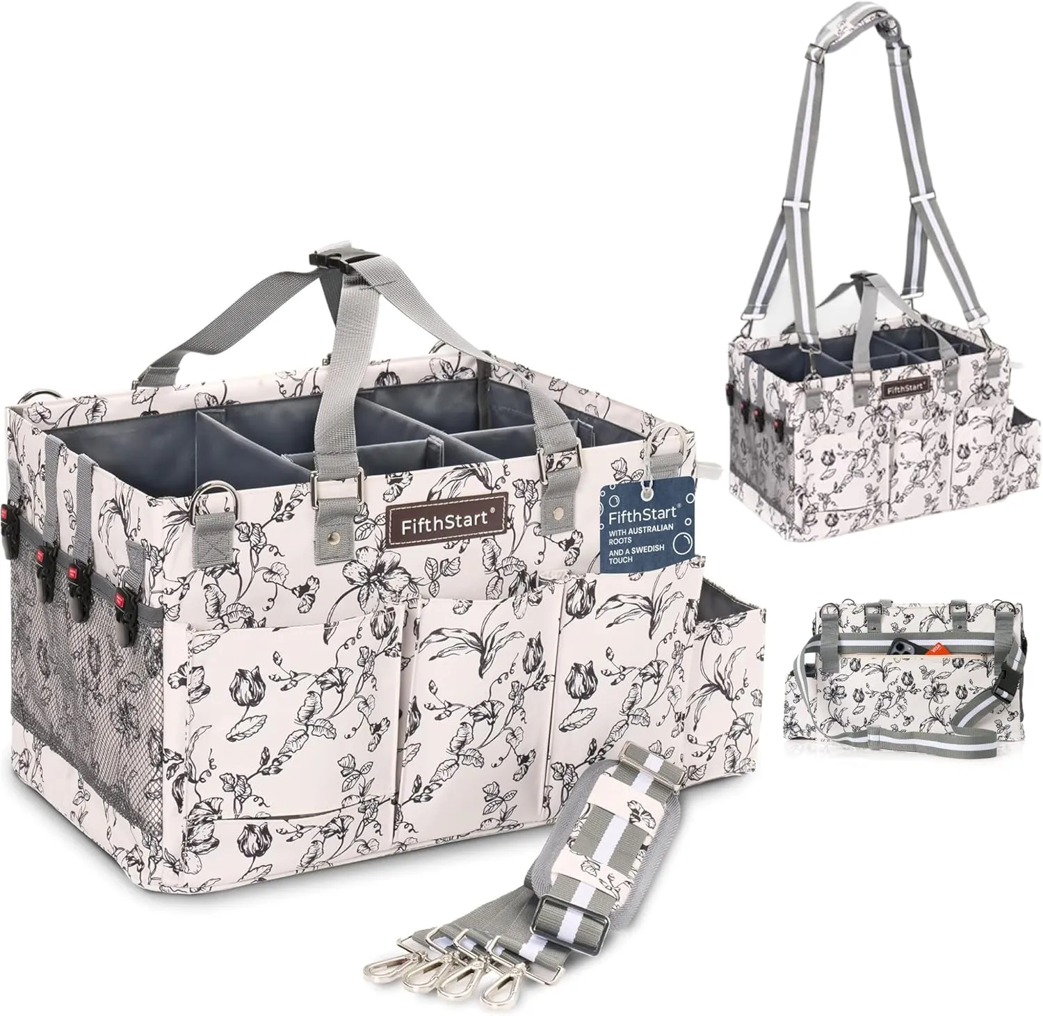 FifthStart Multiuse Caddy with Waist, Shoulder Strap, 9 Pockets, Mesh Base & Adjustable Compartments (Beige Floral, X-Large)