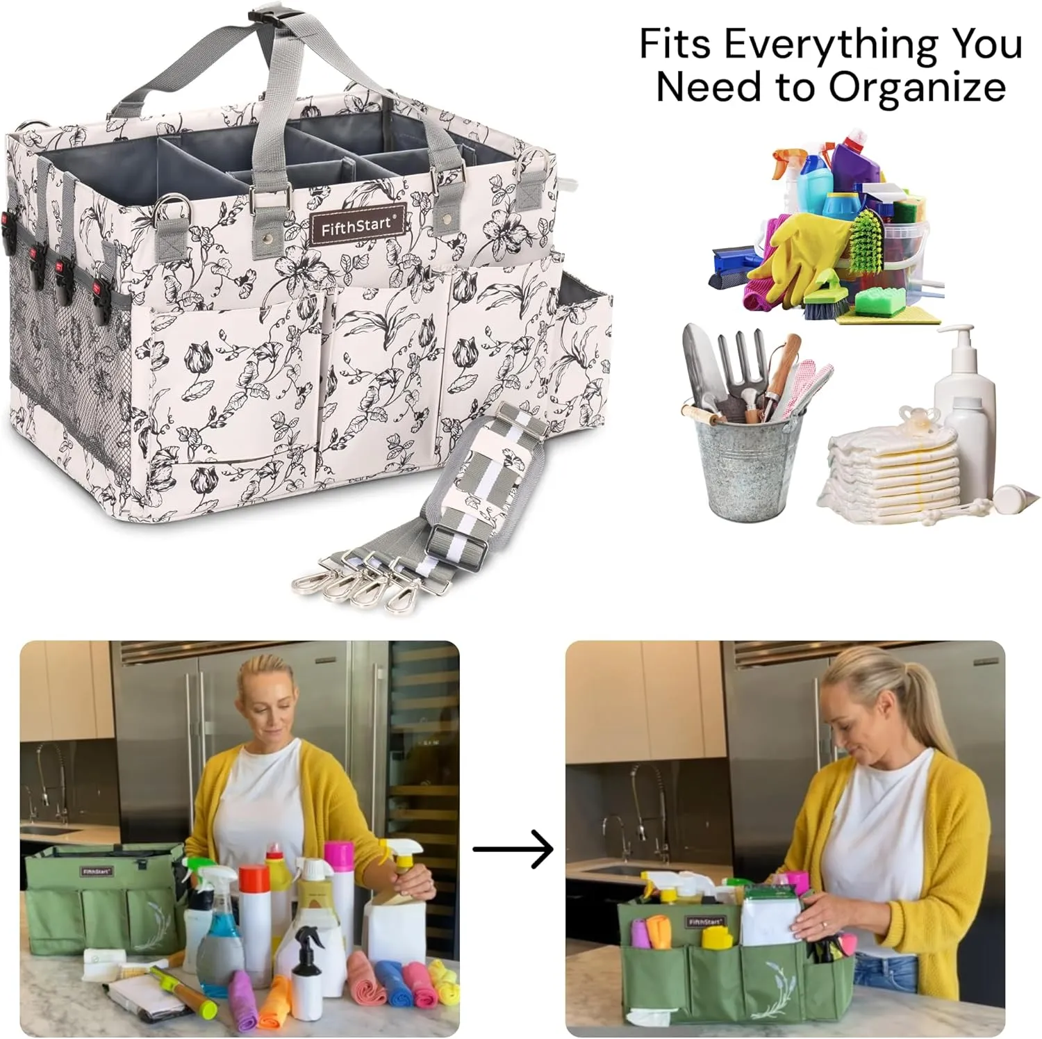 FifthStart Multiuse Caddy with Waist, Shoulder Strap, 9 Pockets, Mesh Base & Adjustable Compartments (Beige Floral, X-Large)
