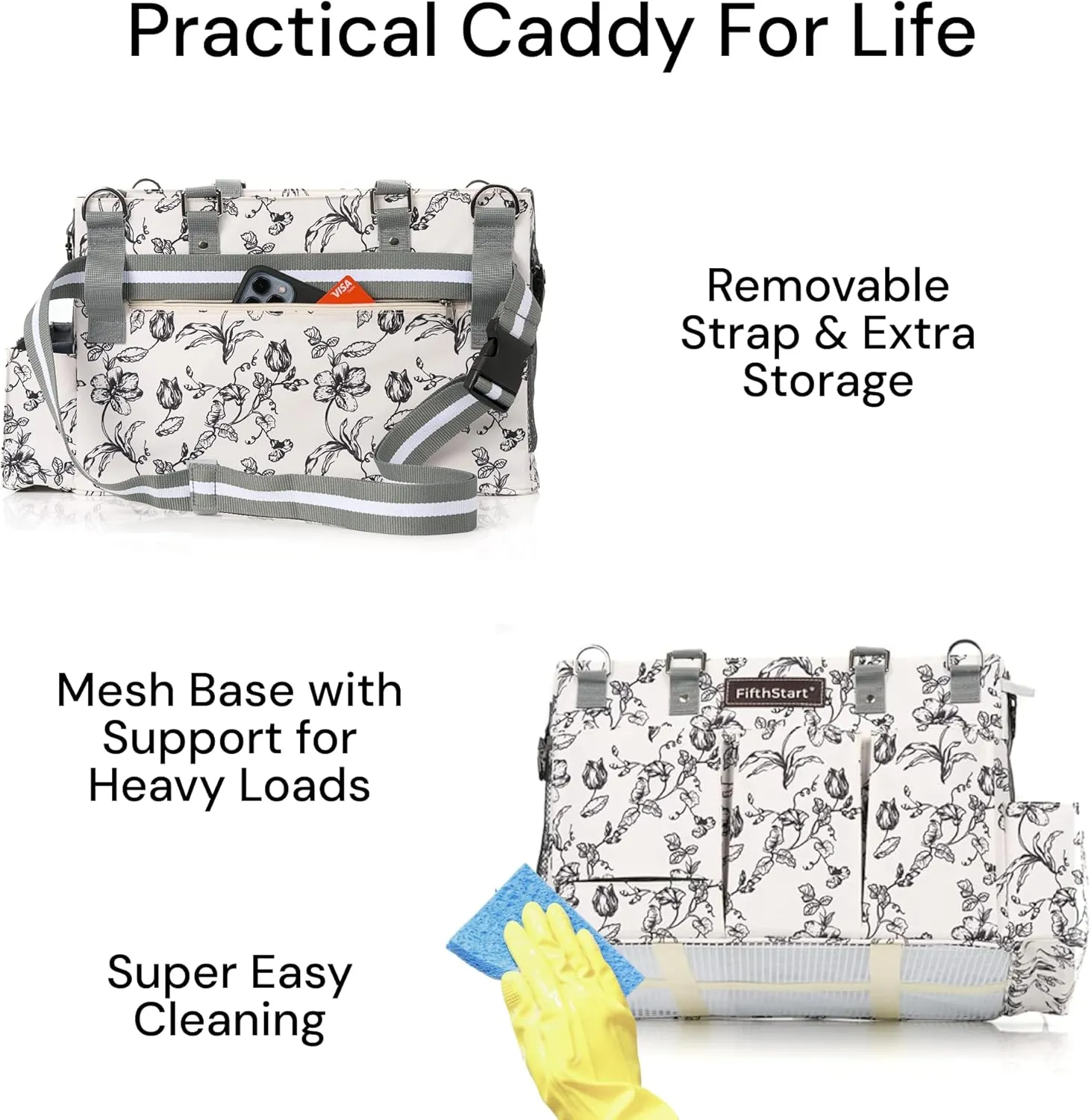 FifthStart Multiuse Caddy with Waist, Shoulder Strap, 9 Pockets, Mesh Base & Adjustable Compartments (Beige Floral, X-Large)