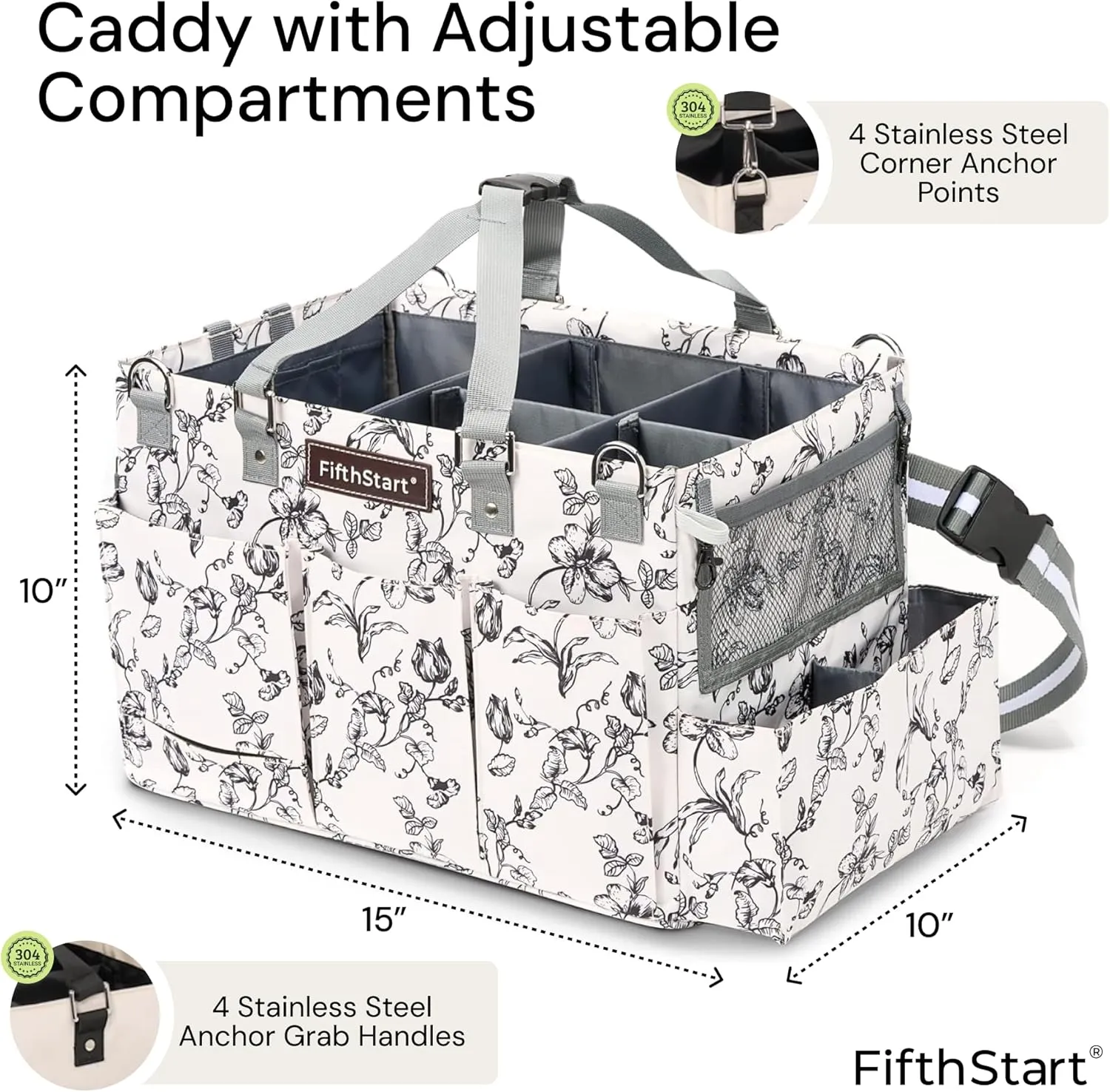 FifthStart Multiuse Caddy with Waist, Shoulder Strap, 9 Pockets, Mesh Base & Adjustable Compartments (Beige Floral, X-Large)