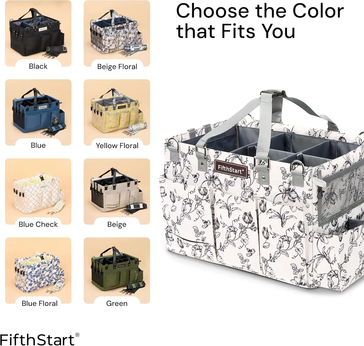 FifthStart Multiuse Caddy with Waist, Shoulder Strap, 9 Pockets, Mesh Base & Adjustable Compartments (Beige Floral, X-Large)