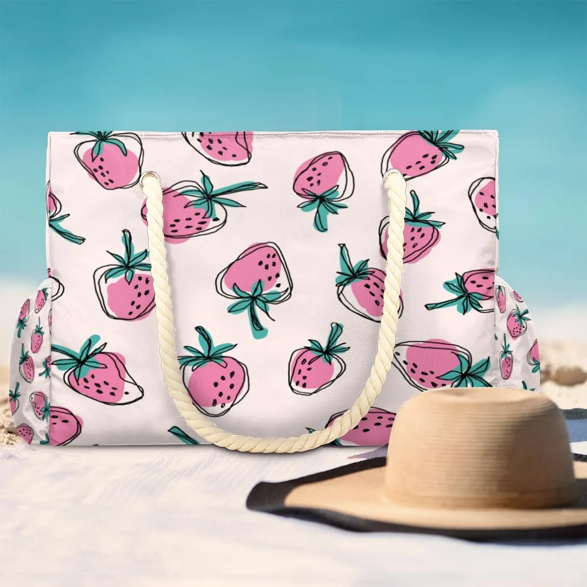Flamingo Flowers Beach Bags for Women Large Beach Tote with Zipper Waterproof Travel Sandproof Shoulder Pool Bag