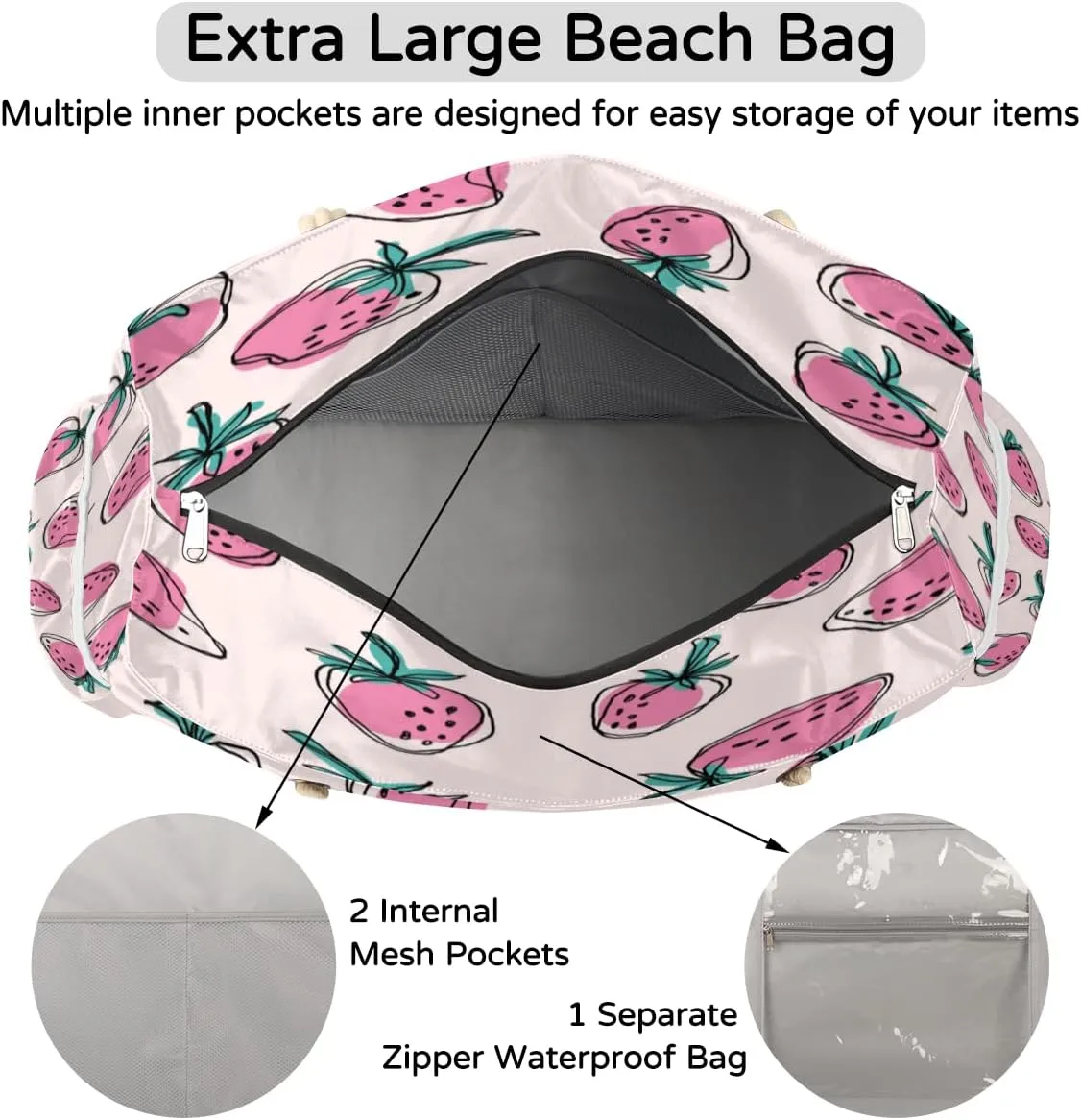 Flamingo Flowers Beach Bags for Women Large Beach Tote with Zipper Waterproof Travel Sandproof Shoulder Pool Bag