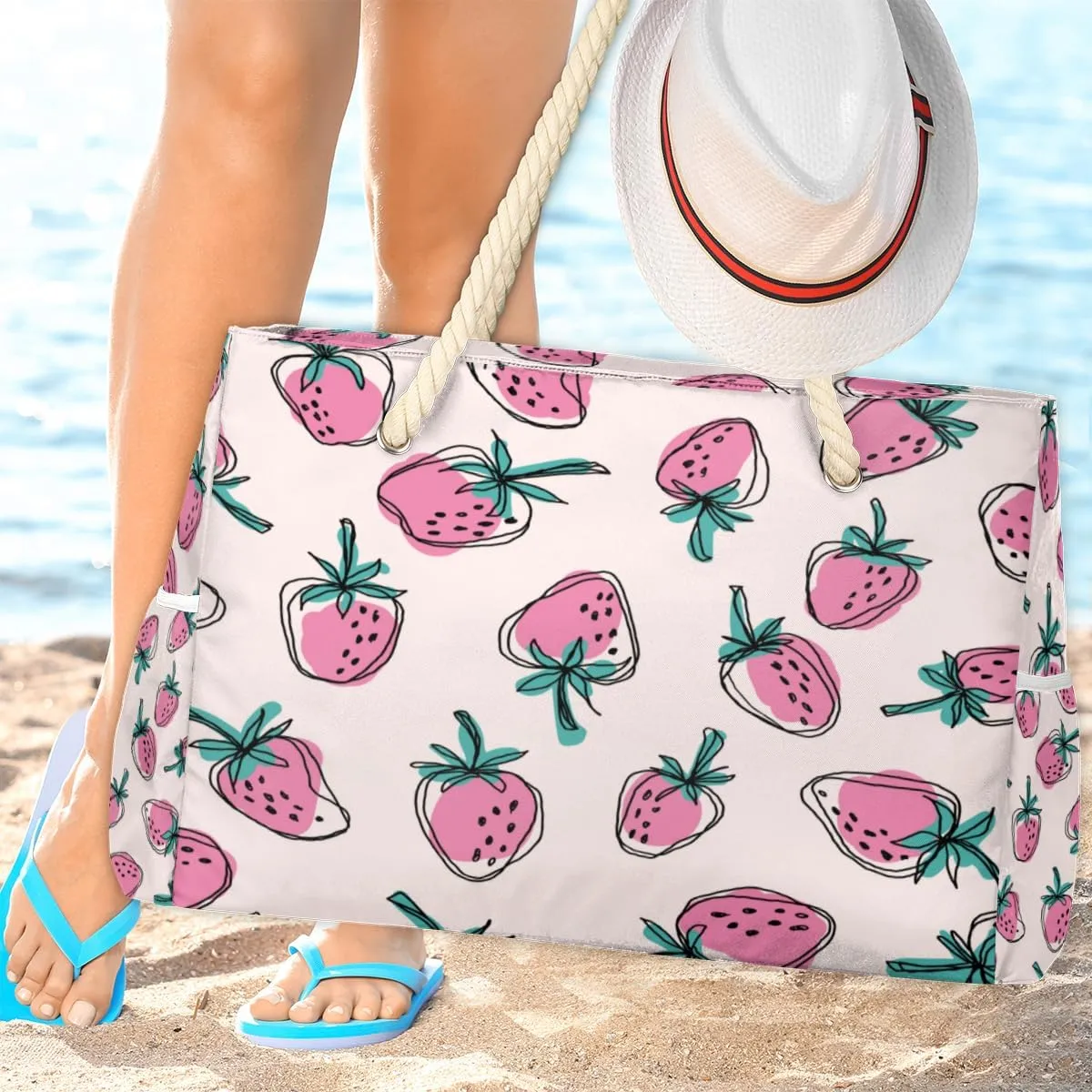 Flamingo Flowers Beach Bags for Women Large Beach Tote with Zipper Waterproof Travel Sandproof Shoulder Pool Bag