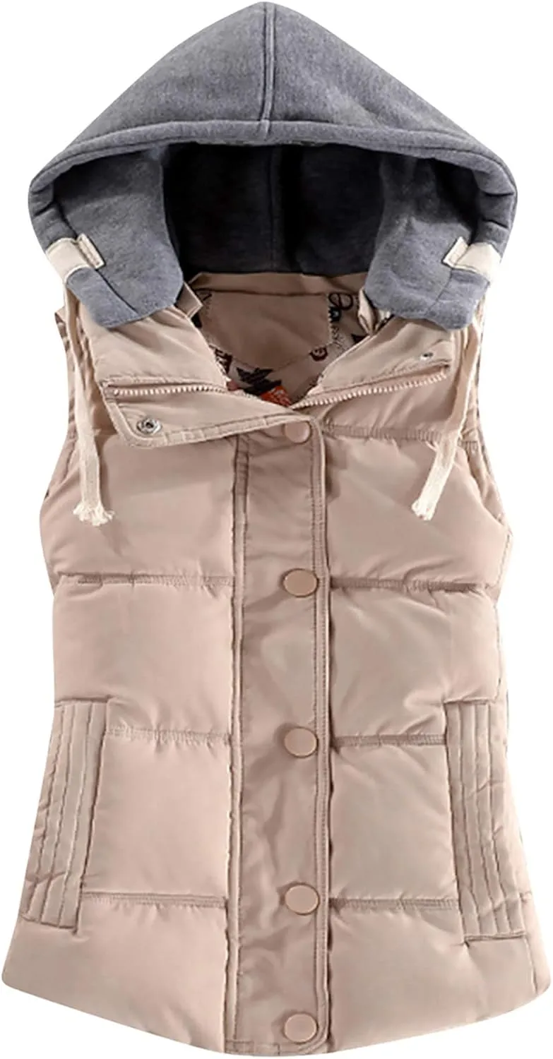 FLITAY Women's Sleeveless Hoodie Vest Quilted Winter Slim Fit Vest Coat