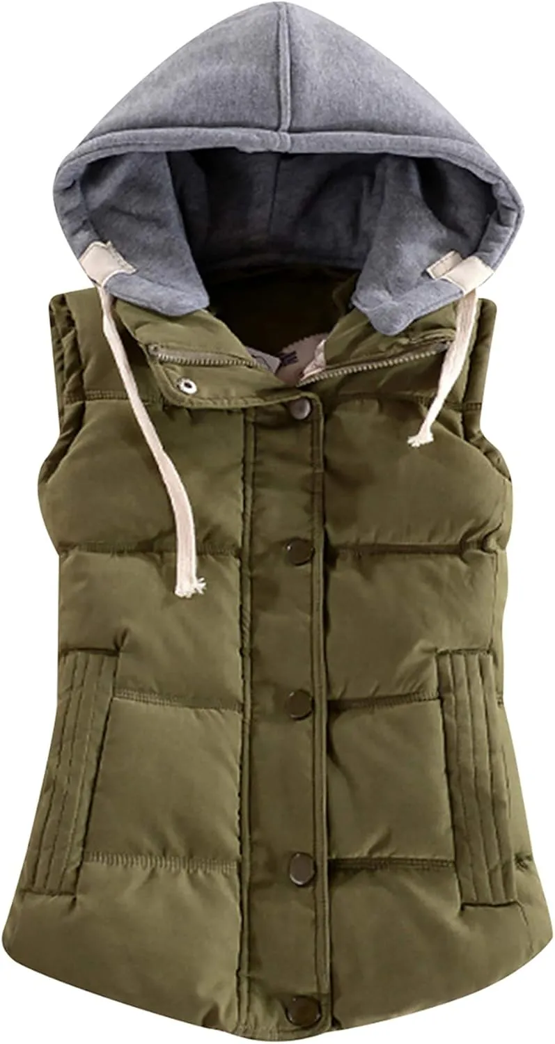 FLITAY Women's Sleeveless Hoodie Vest Quilted Winter Slim Fit Vest Coat