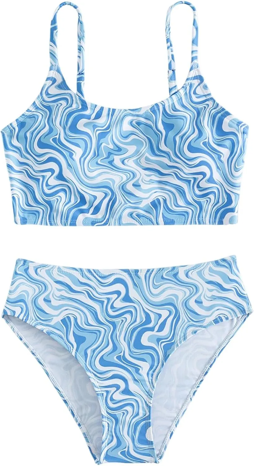 Floerns Girl's 2 Piece Bathing Suit Marble Print Spaghetti Strap Beach Bikini Set