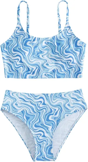 Floerns Girl's 2 Piece Bathing Suit Marble Print Spaghetti Strap Beach Bikini Set