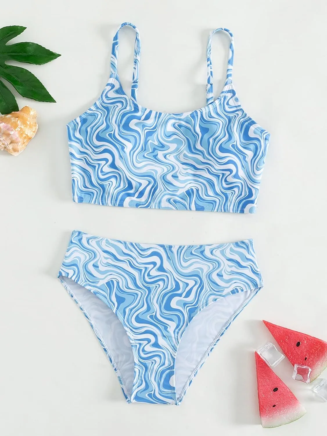 Floerns Girl's 2 Piece Bathing Suit Marble Print Spaghetti Strap Beach Bikini Set
