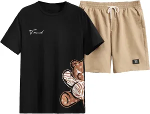 Floerns Men's 2 Piece Tracksuit Slogan Print Tee Shirt Drawstring Waist Shorts Set