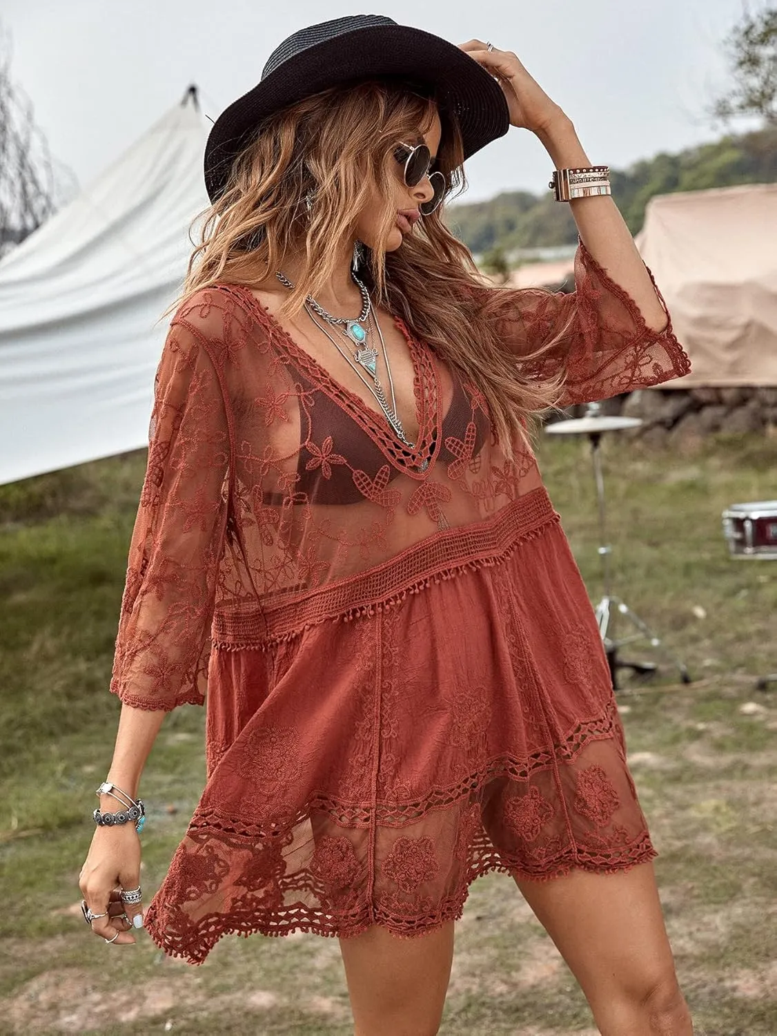 Floerns Women's Contrast Lace Plunging V Neck Bikini Cover Up Beach Dress Bathing Suit