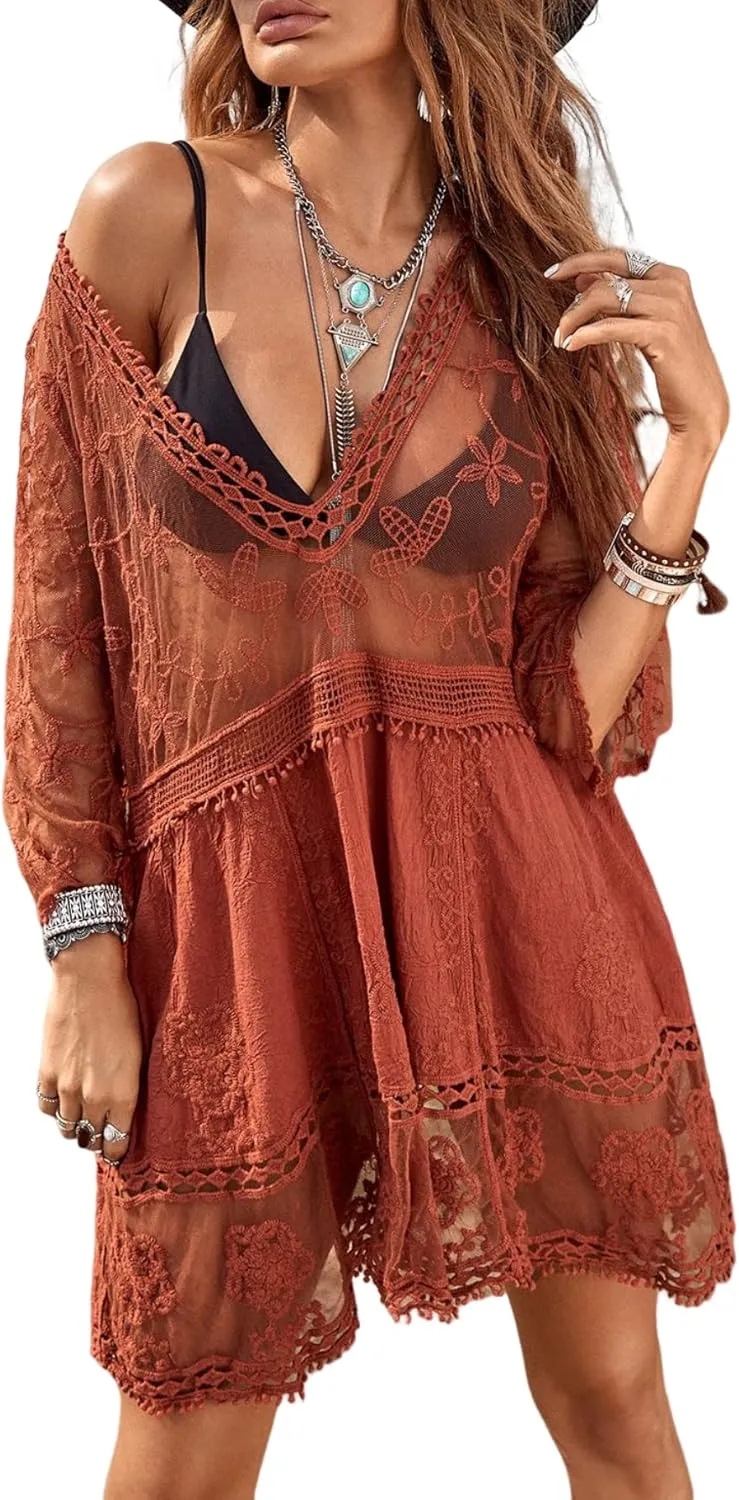 Floerns Women's Contrast Lace Plunging V Neck Bikini Cover Up Beach Dress Bathing Suit
