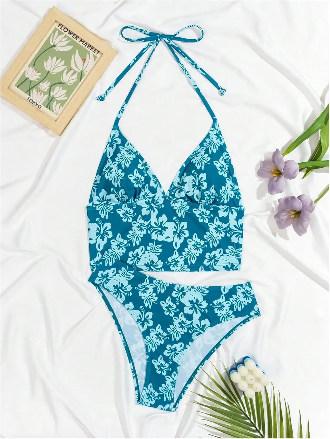 Floerns Women's Floral Print Halter Neck Tankini Top Two Piece Bathing Swimsuit