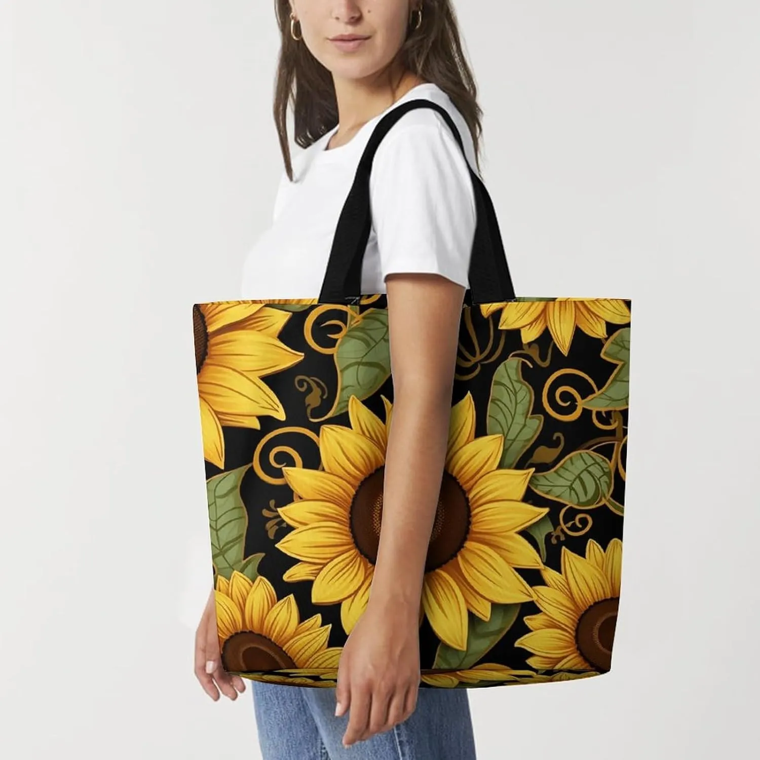 Flowers And Horses Hand Drawn Tote Bag for Women Reusable Grocery Shoulder Bag Shopping Bags for Travel, Groceries