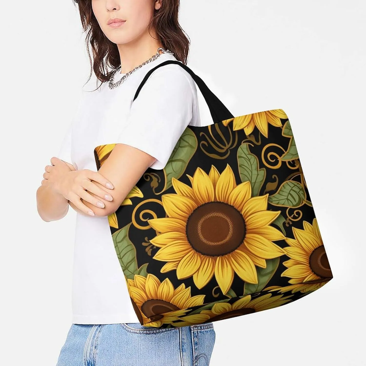 Flowers And Horses Hand Drawn Tote Bag for Women Reusable Grocery Shoulder Bag Shopping Bags for Travel, Groceries