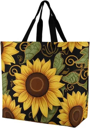 Flowers And Horses Hand Drawn Tote Bag for Women Reusable Grocery Shoulder Bag Shopping Bags for Travel, Groceries