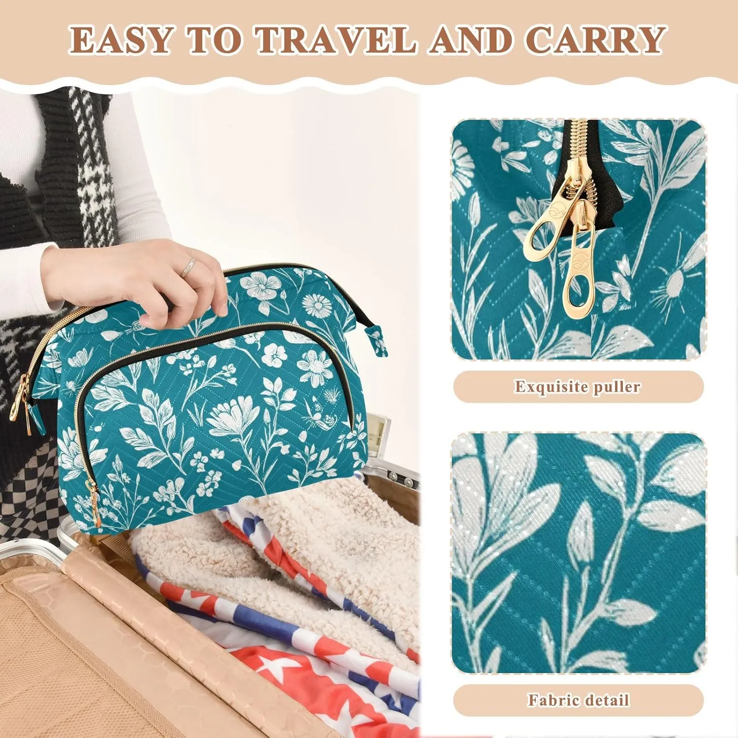 Flowers Butterflies Bees Teal Cosmetic Bags Zipper Cosmetic Travel Bags For Women Women Coin Purse for Cosmetic Travel