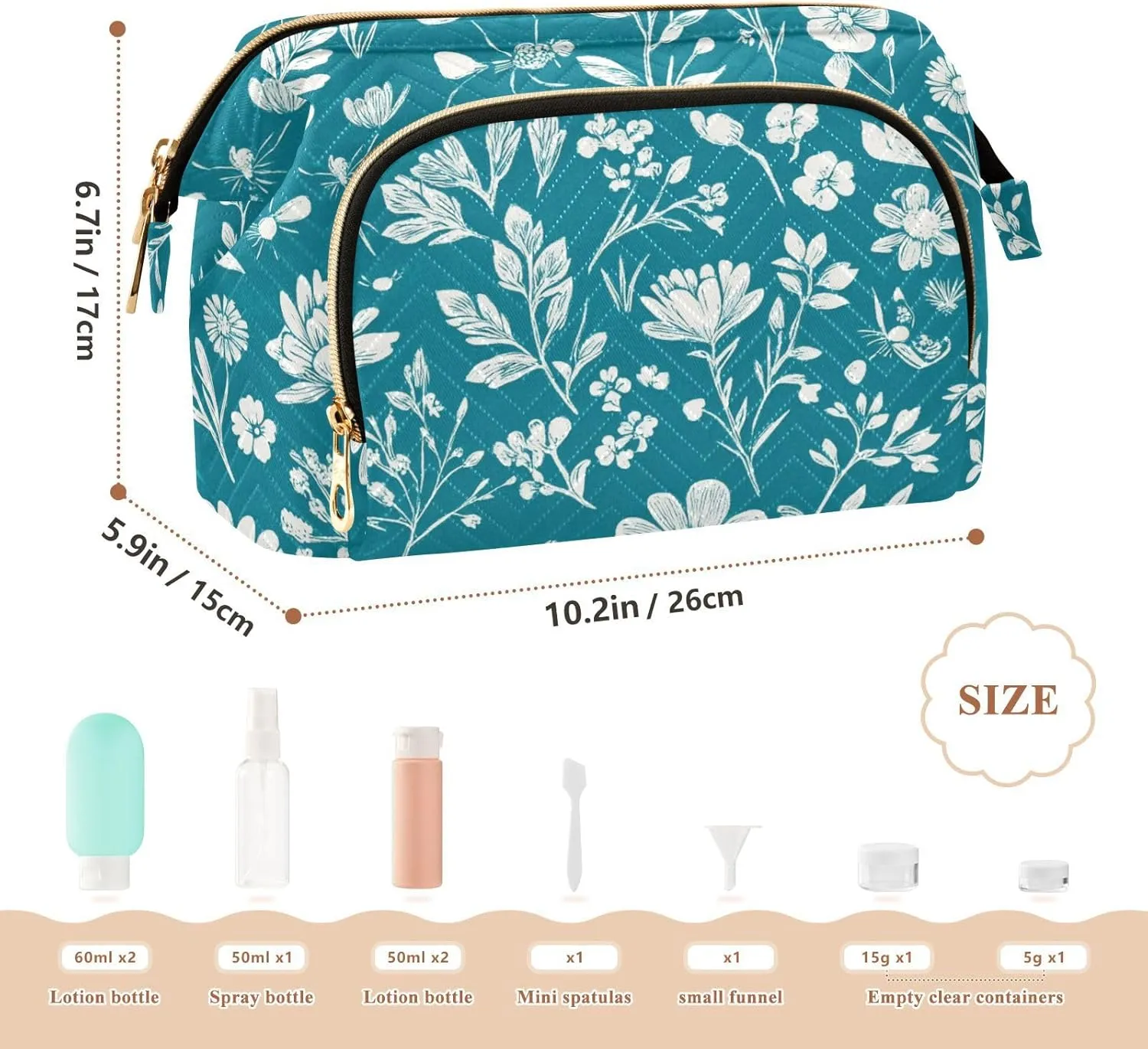 Flowers Butterflies Bees Teal Cosmetic Bags Zipper Cosmetic Travel Bags For Women Women Coin Purse for Cosmetic Travel
