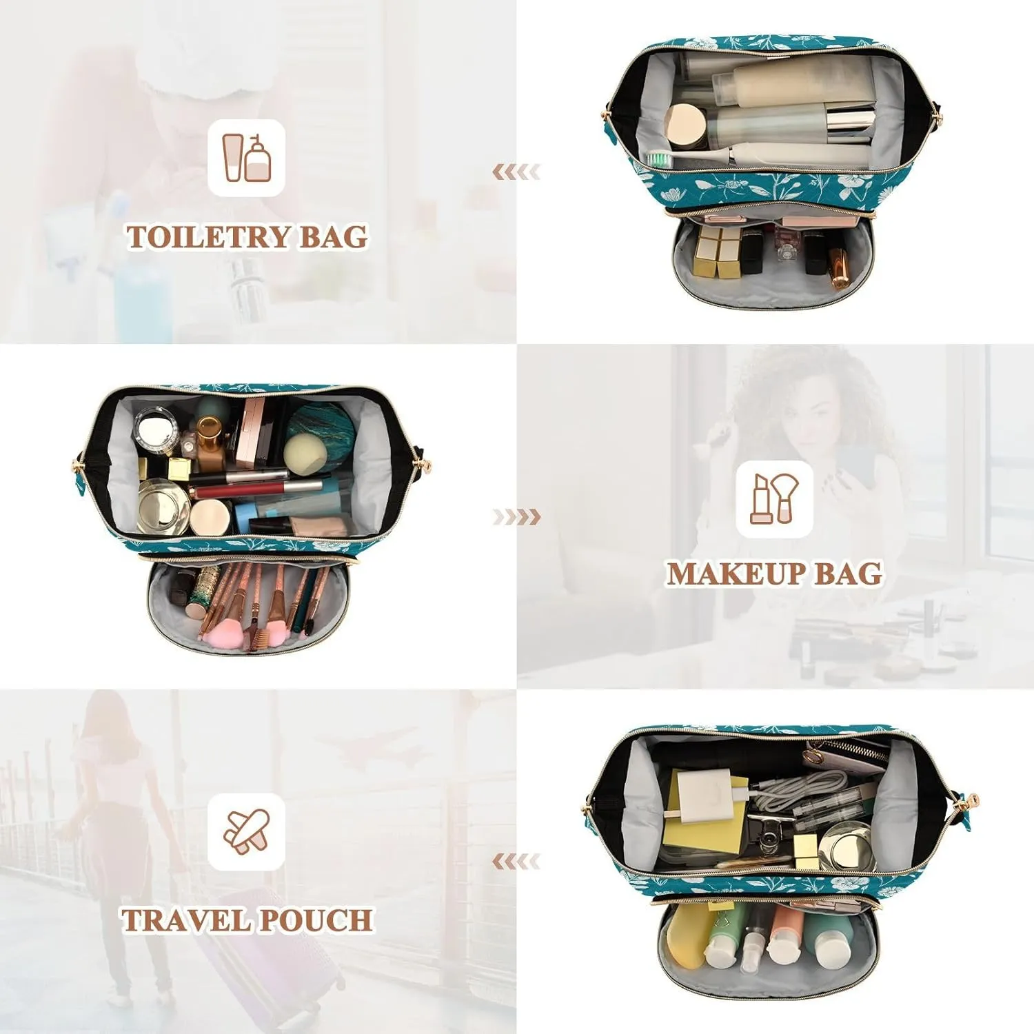 Flowers Butterflies Bees Teal Cosmetic Bags Zipper Cosmetic Travel Bags For Women Women Coin Purse for Cosmetic Travel