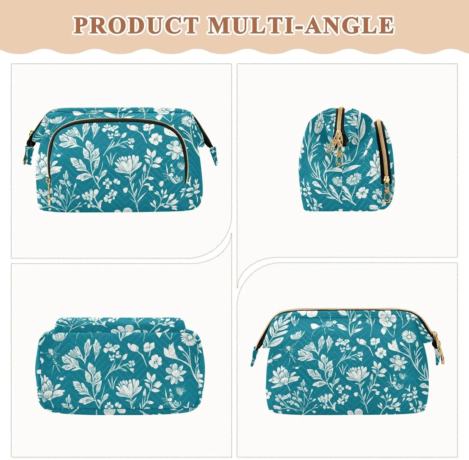 Flowers Butterflies Bees Teal Cosmetic Bags Zipper Cosmetic Travel Bags For Women Women Coin Purse for Cosmetic Travel