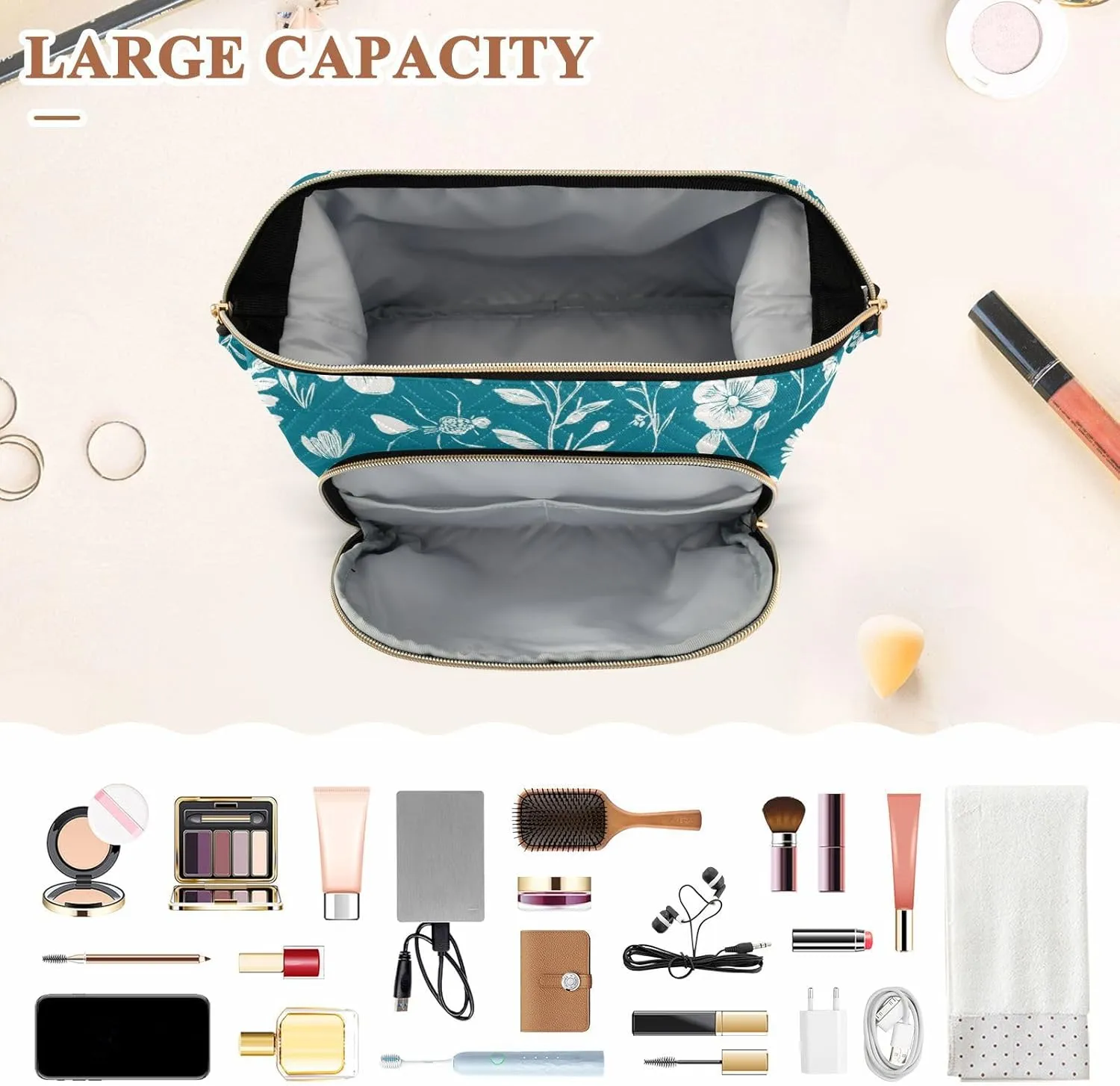Flowers Butterflies Bees Teal Cosmetic Bags Zipper Cosmetic Travel Bags For Women Women Coin Purse for Cosmetic Travel
