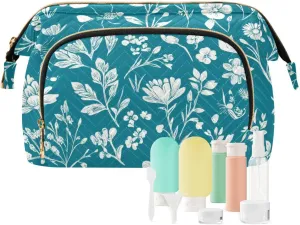 Flowers Butterflies Bees Teal Cosmetic Bags Zipper Cosmetic Travel Bags For Women Women Coin Purse for Cosmetic Travel