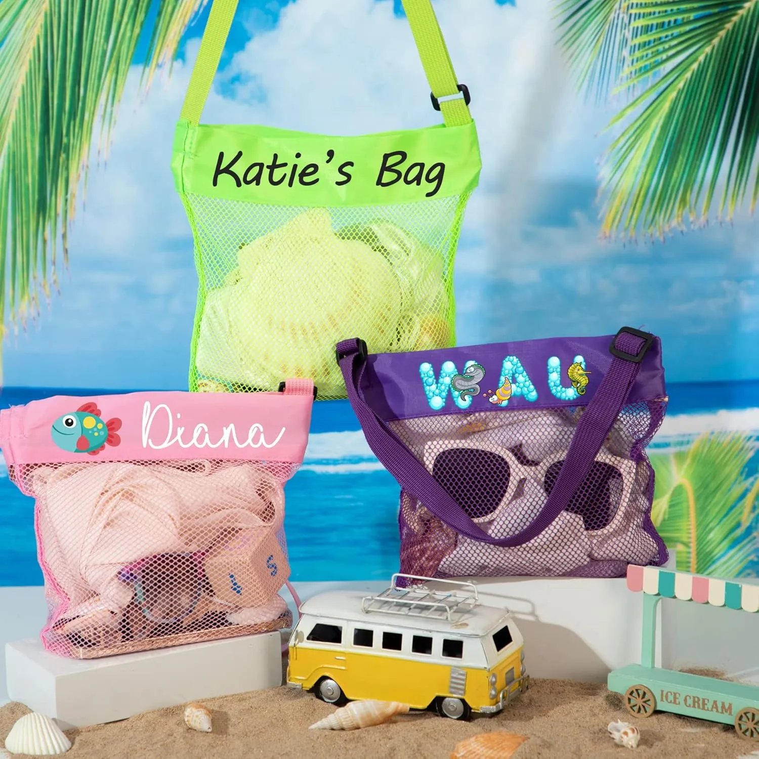 Flycalf Personalized Mesh Beach Bag for Kids Summer Sand Shell Pebble Collecting 3 Pack Outdoor Adjustable Carrying Straps Storing Summer Vacation Swimming Accessories