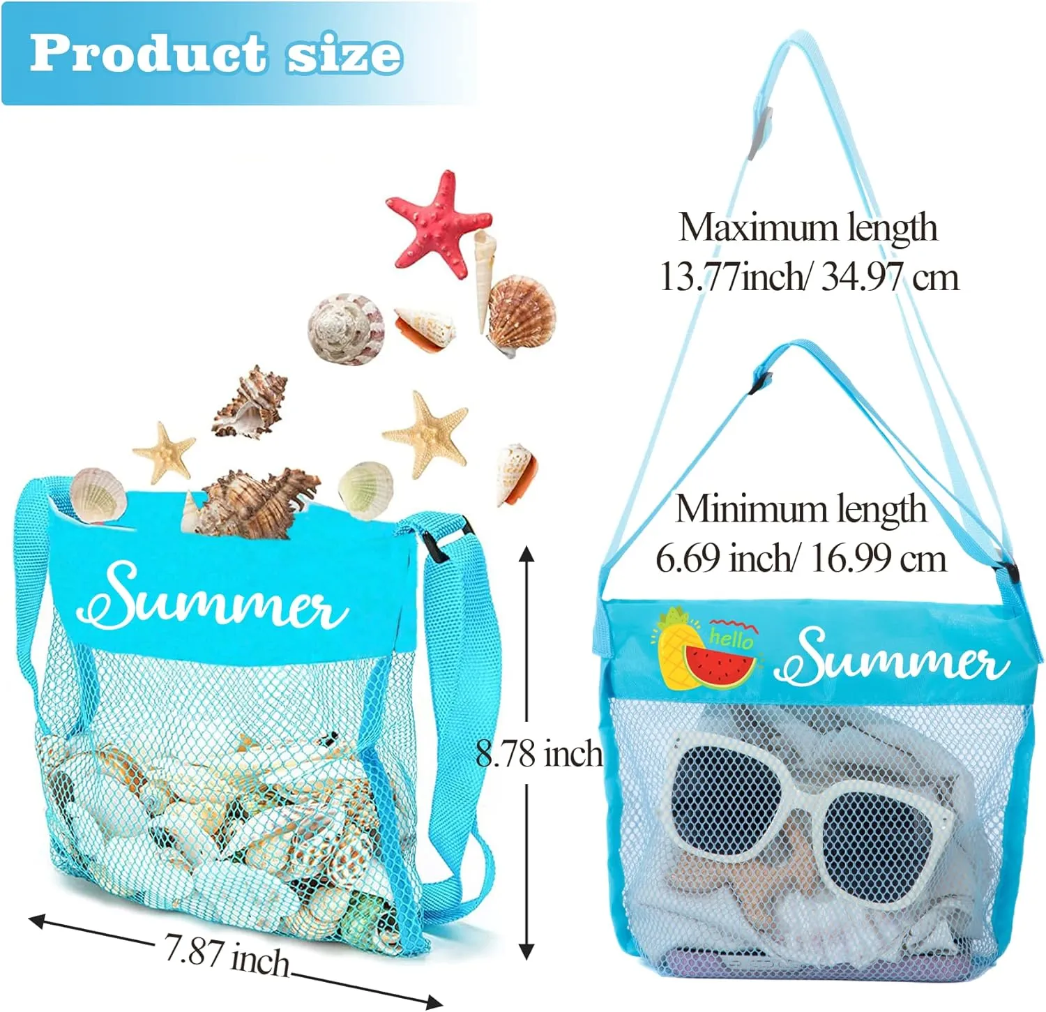 Flycalf Personalized Mesh Beach Bag for Kids Summer Sand Shell Pebble Collecting 3 Pack Outdoor Adjustable Carrying Straps Storing Summer Vacation Swimming Accessories
