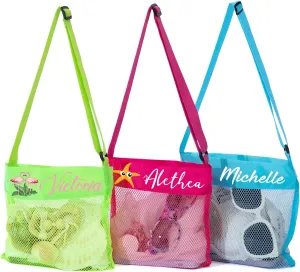 Flycalf Personalized Mesh Beach Bag for Kids Summer Sand Shell Pebble Collecting 3 Pack Outdoor Adjustable Carrying Straps Storing Summer Vacation Swimming Accessories