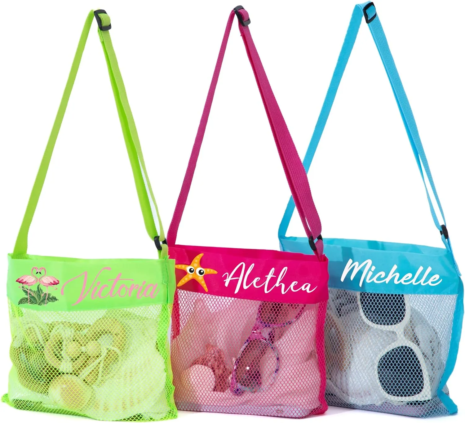 Flycalf Personalized Mesh Beach Bag for Kids Summer Sand Shell Pebble Collecting 3 Pack Outdoor Adjustable Carrying Straps Storing Summer Vacation Swimming Accessories