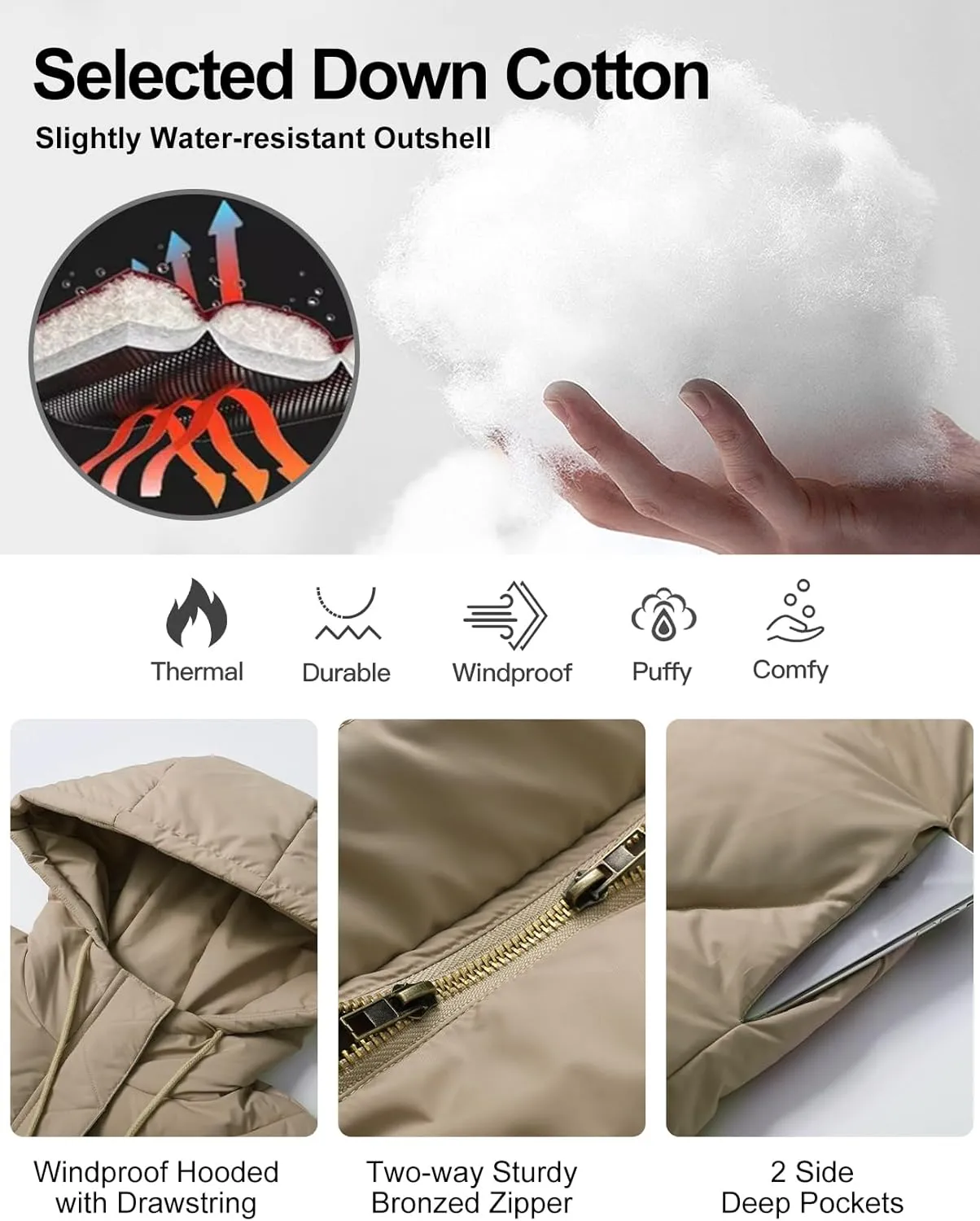 Flygo Womens Long Puffer Coat Long Sleeve Padded Winter Down Coats Hooded Parka Jacket