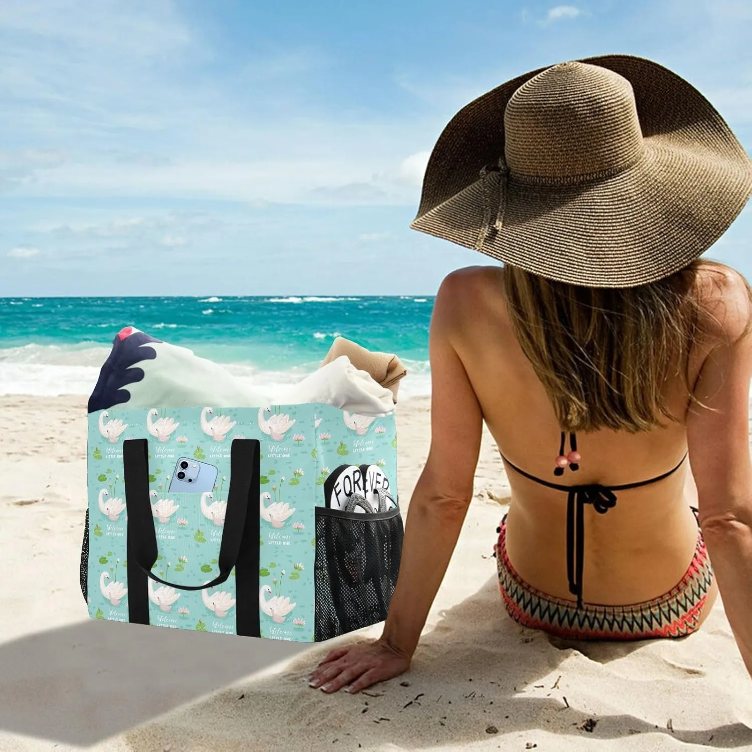 Foldable Grocery Reusable Tote Grocery Bag, Travel Canvas Shoulder Bags, Large Casual Laundry Pool Beach Bag