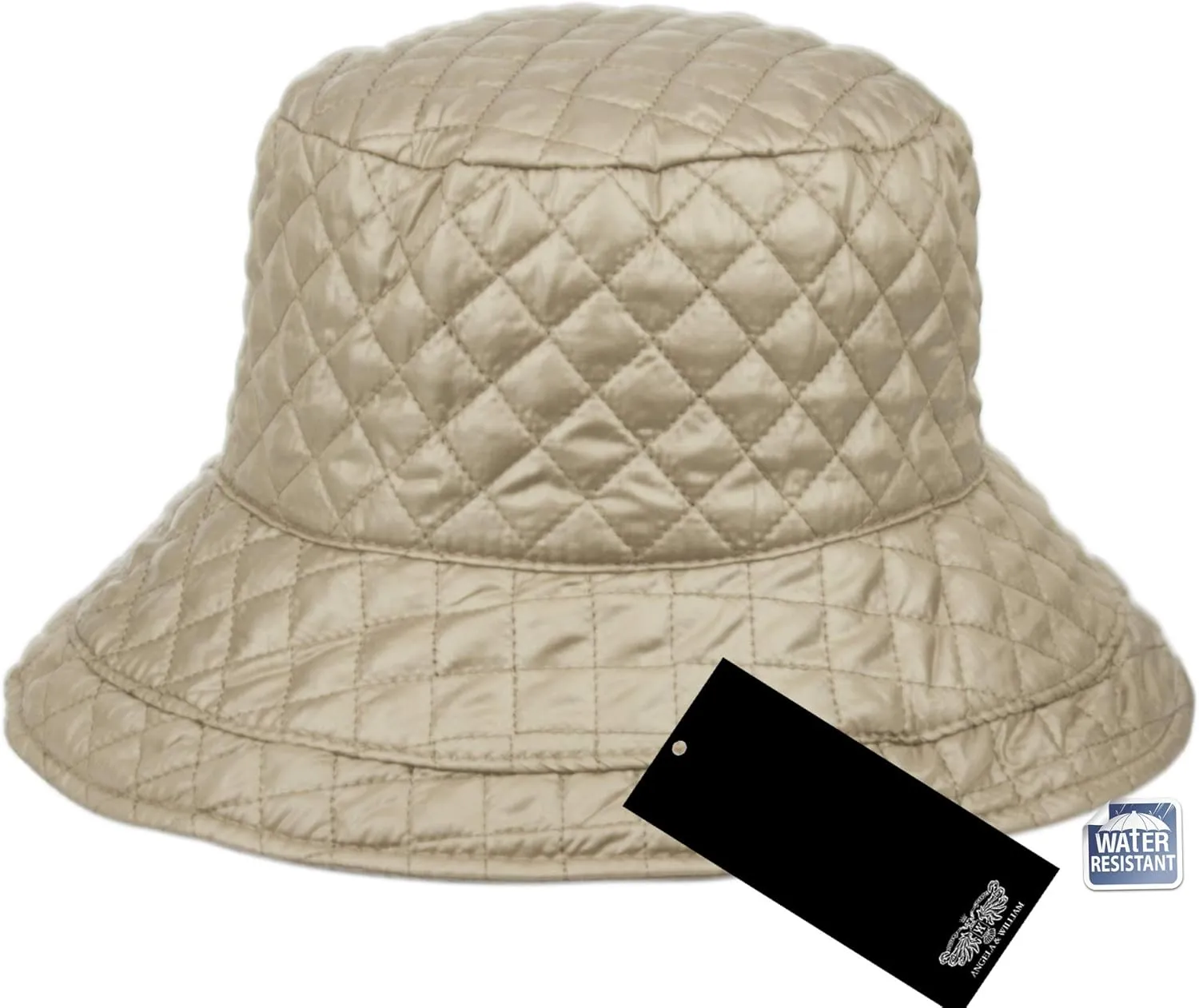 Foldable Water Repellent Quilted Rain Hat w/Adjustable Drawstring, Bucket Cap
