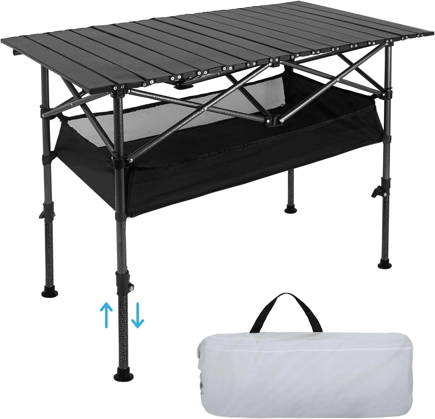 Folding Camping Table, Portable Adjustable Height Outdoor Roll-Up Table for BBQ, Picnic, Party, Beach, Backyard, Carry Bag and Mesh Storage Bag Black 37.5 inche