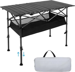 Folding Camping Table, Portable Adjustable Height Outdoor Roll-Up Table for BBQ, Picnic, Party, Beach, Backyard, Carry Bag and Mesh Storage Bag Black 37.5 inche