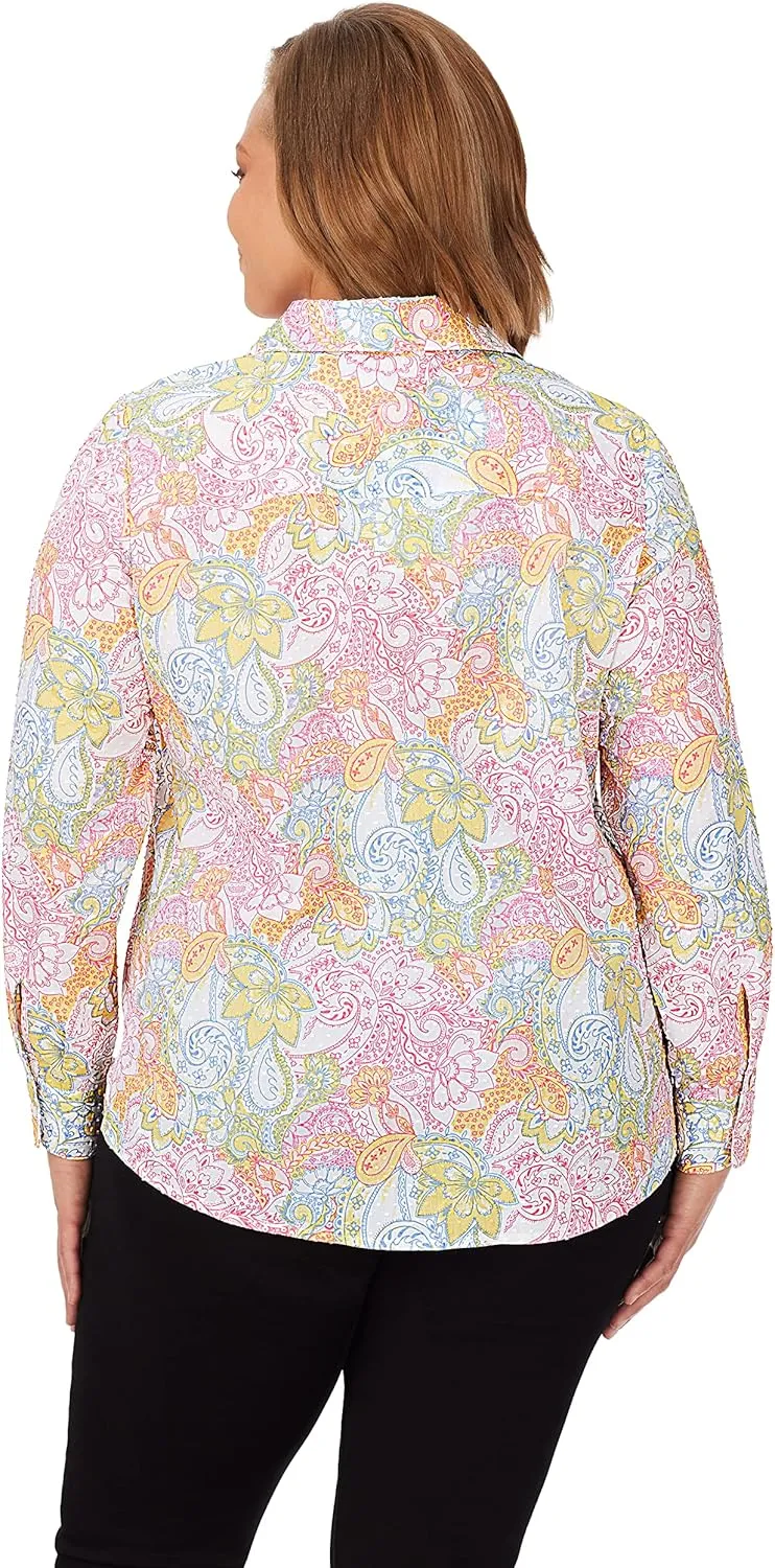 Foxcroft Women's Ava Long Sleeve Beach Batik Blouse