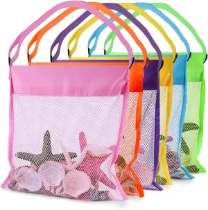 FUTUREPLUSX 6PCS Mesh Beach Bags for Kids, Colorful Small Seashell Collecting Bags Adjustable Strap for Holding Shell Sand Toy